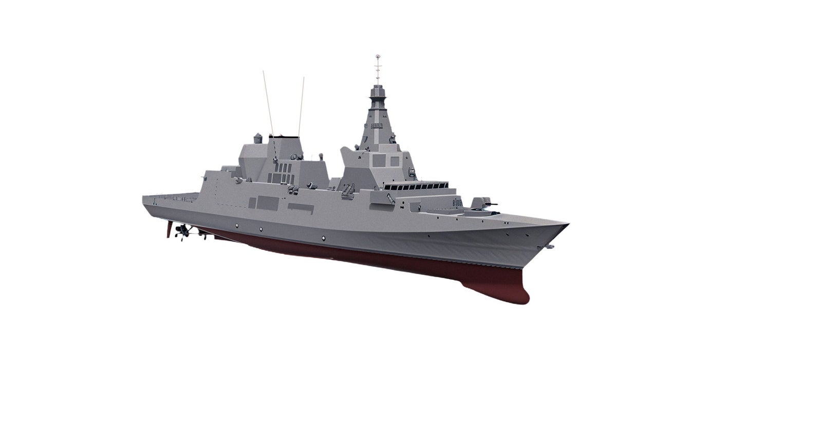 Fincantieri | About Us - Heritage and Future: Digital rendering of a warship with an upper side view, white background, red hull, and grey superstructure.