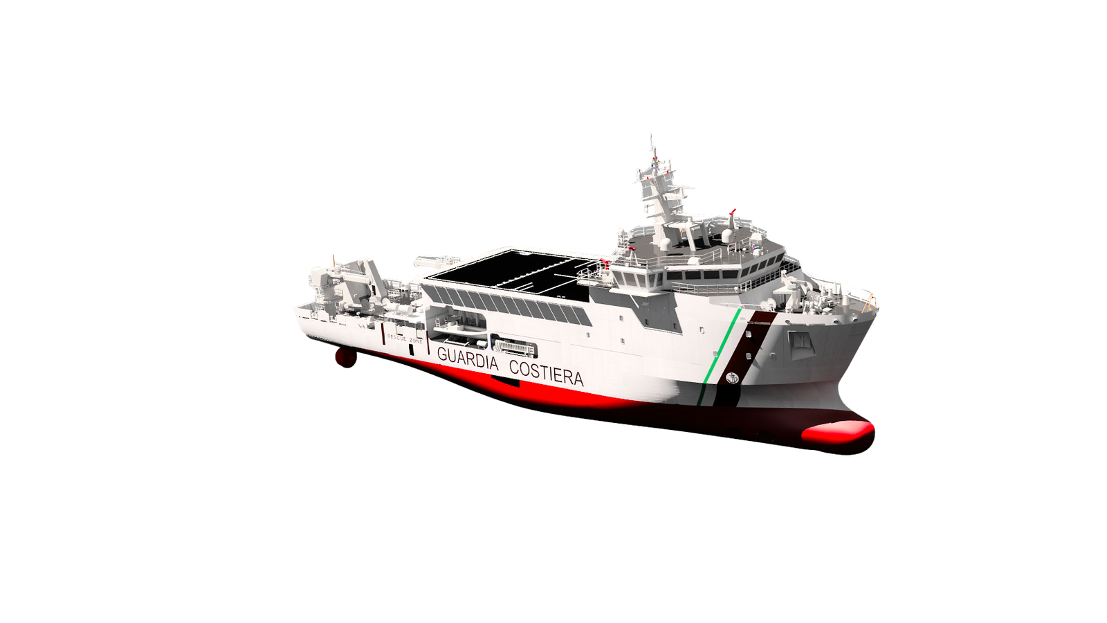 Fincantieri | Group - Products - Defence Vessels - Patrol Vessels - UAM: Side view of vessel with "Guardia Costiera" text, modern design, Italian tricolor elements on hull, advanced structure for maritime operations.