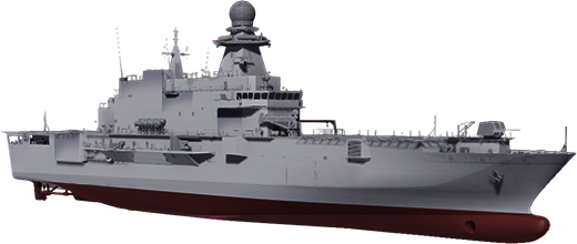 Prodotti - Navi per la Difesa Fincantieri: Vista laterale di nave  logistica da guerra moderna, radar avanzati e sistemi di comunicazione visibili, livrea mimetica grigia con carena rossa, struttura tecnologicamente sofisticata per impiego militare.