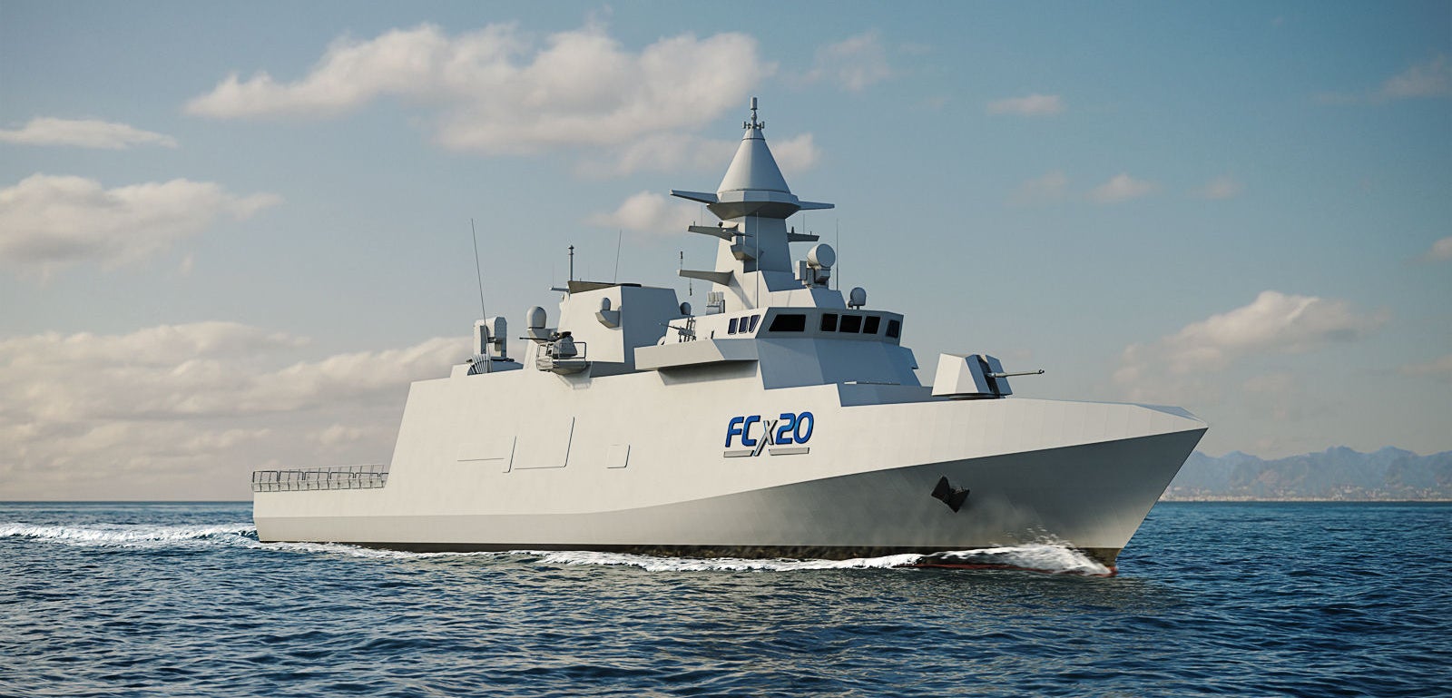 Fincantieri | Group - Business - Products - Defence Vessels - Corvettes - FCX20: Sleek, modern naval ship labeled "FC 20" in operation, navigating calm ocean waters, advanced radar and communication equipment, robust and futuristic design, serene seascape with distant mountains, partly cloudy sky.