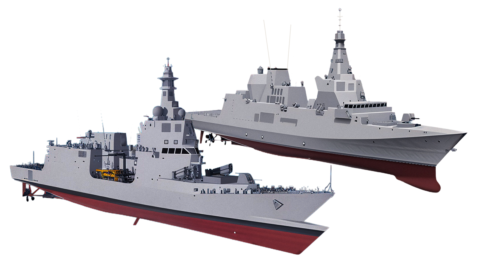 Prodotto - Navi per la Difesa Fincantieri: Vista laterale di due navi militari avanzate affiancate, scafo grigio con carena rossa, design angolare e moderno, antenne e sistemi radar visibili, focus su ingegneria e capacità marittime evolute.