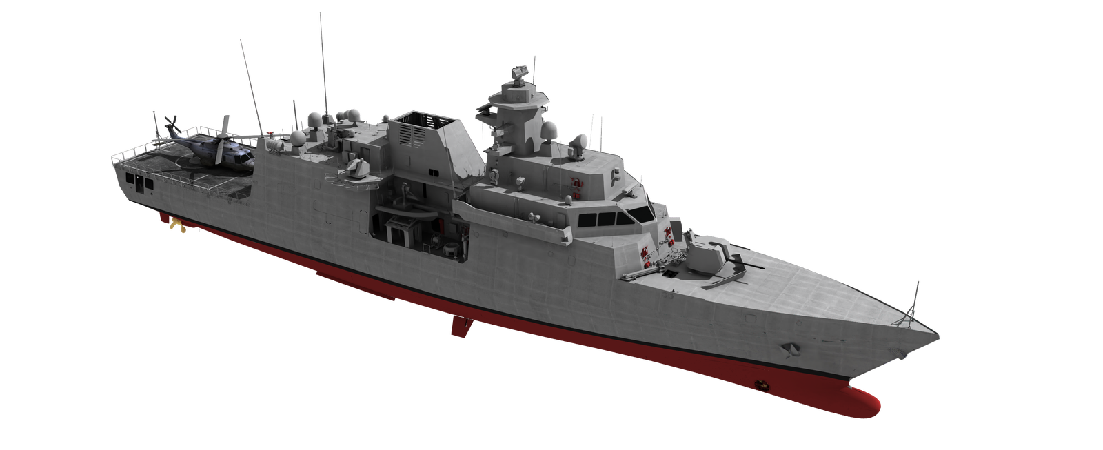 Fincantieri | Group - Business - Products - Defence Vessels - Patrol Vessels - PPX: Side view of modern warship, advanced radar and armaments, gray hull with red bottom, antennas and equipment on deck, functional and precise design.