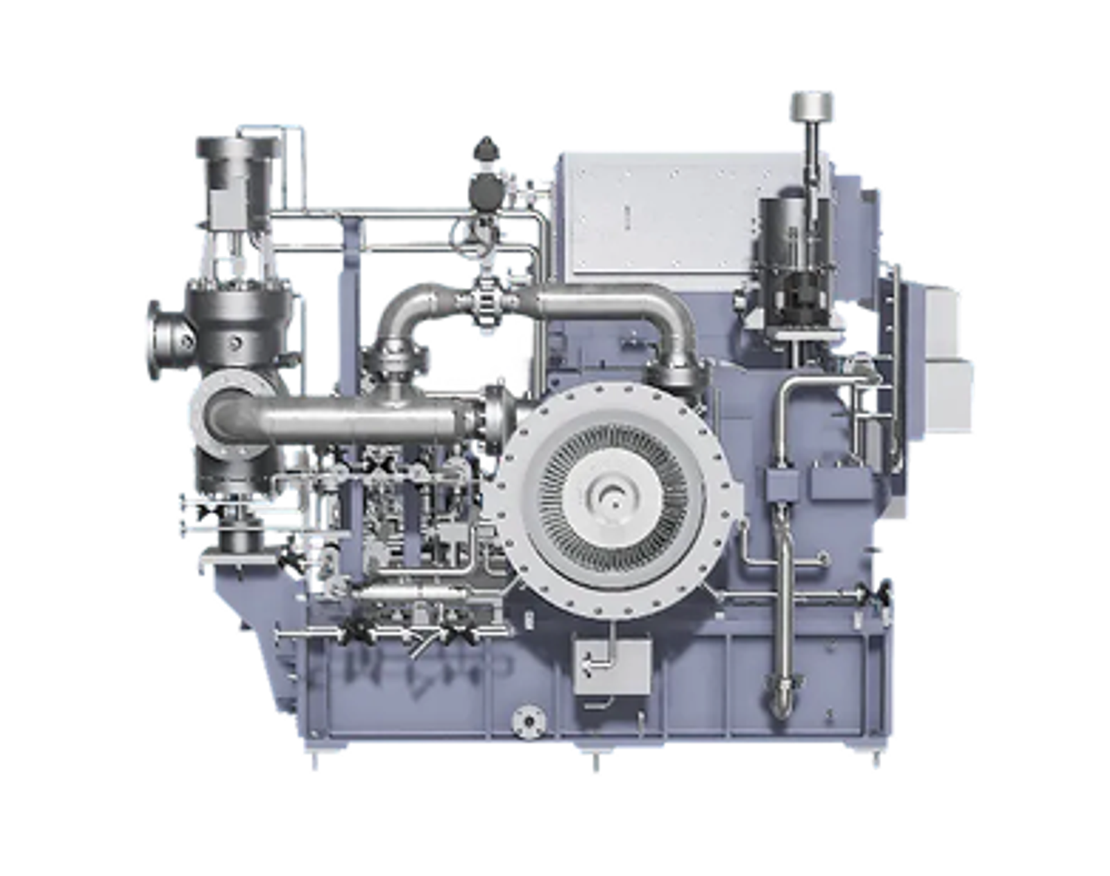 Fincantieri | Group - Business - Products - Equipment, Systems and Infrastructures - Steam turbines: Digital rendering of complex industrial machine with extensive piping, valves, and large central turbine.