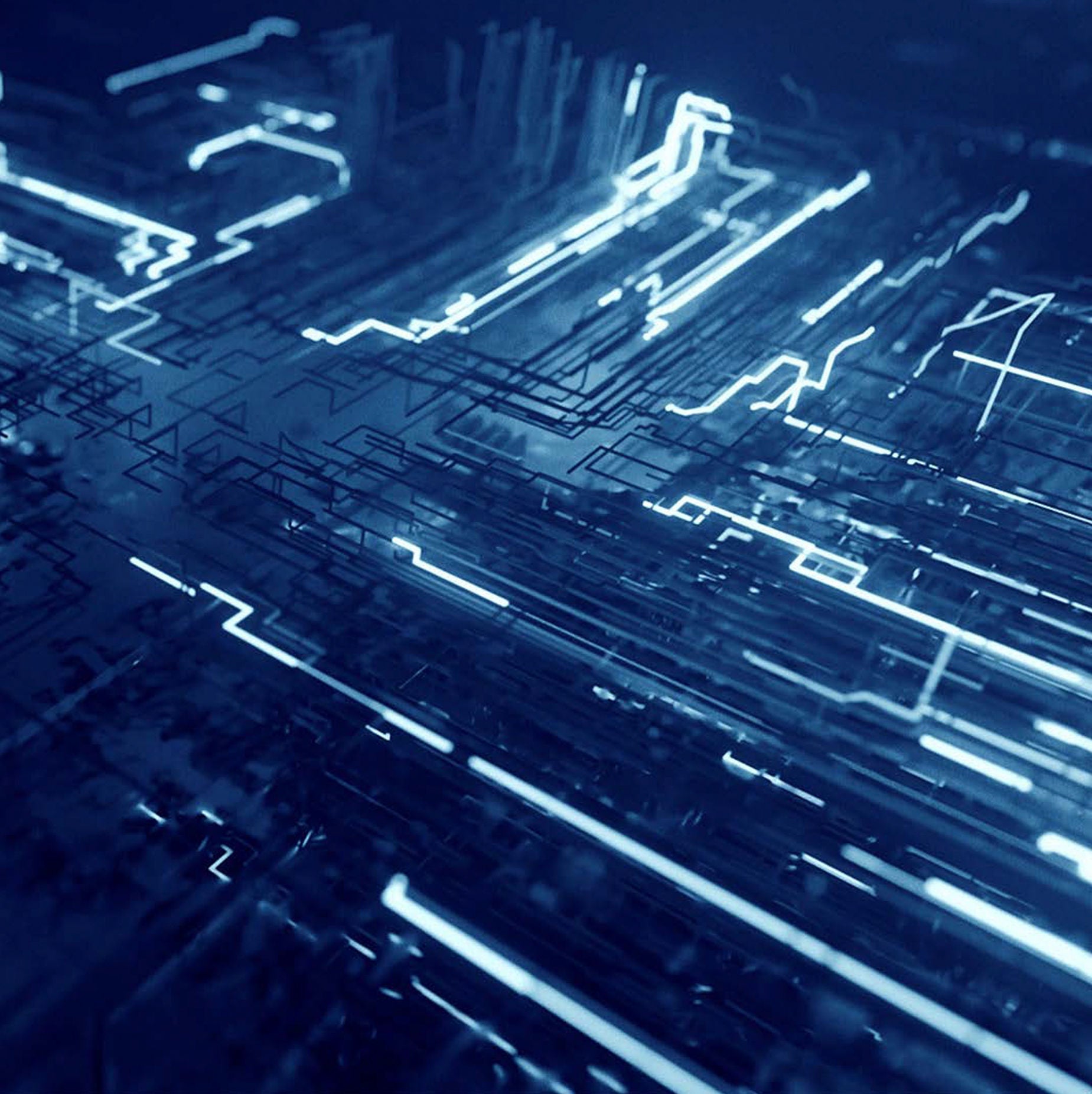 Fincantieri | Group - Business - Products - Critical Infrastructures - Digital network artwork: Abstract digital artwork portraying complex network of glowing blue circuit board lines on dark background; lines rendered with depth and movement, suggesting data flow or technological processes.