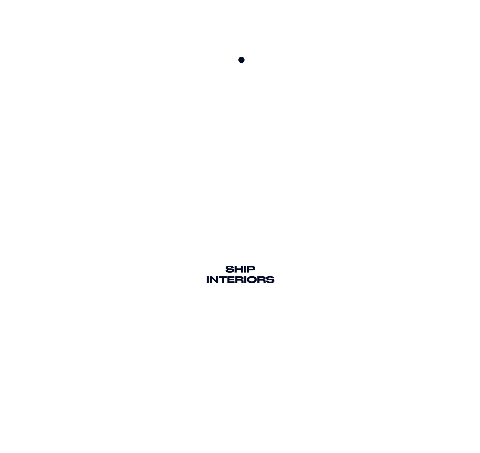 Schema interno nave, Diagramma esagonale con sezioni per cabine, aree pubbliche, spazi catering e componenti interni. Testi “SHIP INTERIORS”, “AREE PUBBLICHE”, “SPAZI CATERING”, design minimalista bianco su sfondo scuro.