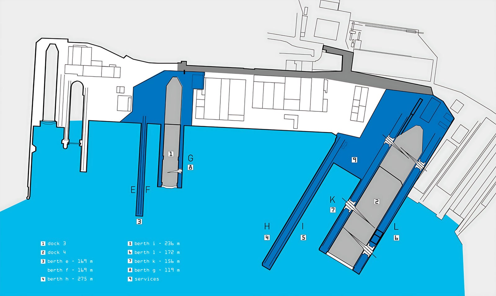 Fincantieri | Services - Ship Repair and Conversion - Trieste Shipyard: Detailed map of the port with labeled piers and docks, highlighted areas such as Berth 1 (275 m), Berth 2 (320 m), and Dock E, blue and white palette, numerical length values clearly visible.