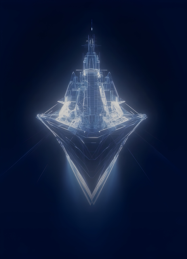Fincantieri | Group - Innovation - Naval Ecosystem of the Future - The digital ship: Digital rendering of a futuristic warship as a luminous blueprint on a dark blue background, detailed geometric lines and sharp angles highlighting advanced technology, minimalist and symmetrical style.