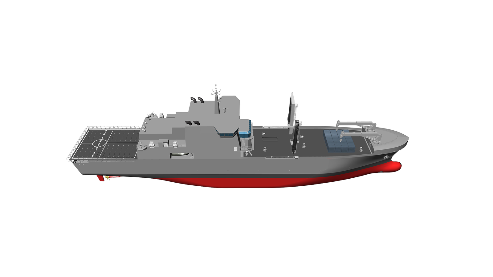 Fincantieri | Gruppo - Business - Prodotti - Navi Logistiche e di Rifornimento - LSS 130: Vista laterale della nave moderna con scafo grigio e carena rossa, radar, antenne e armamenti avanzati visibili, struttura evidenziata su sfondo neutro.