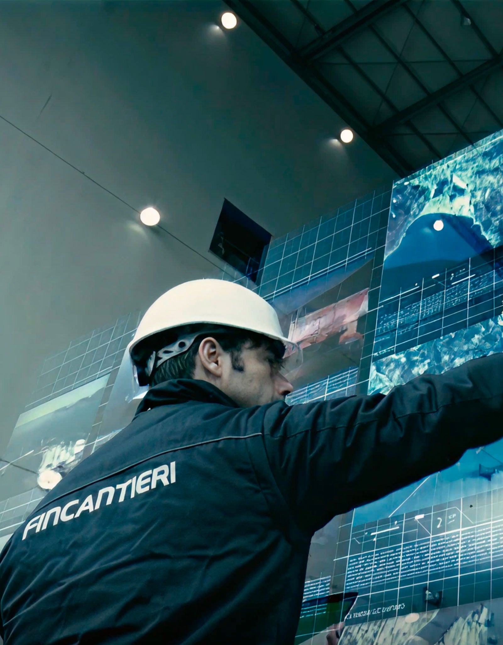 Fincantieri | Group - Subsidiaries and Affiliates - Fincantieri Ephors: Person wearing white safety helmet and jacket with visible 'Fincantieri' text in high-tech control room, large digital screens displaying grids, underwater visuals, and data overlays; advanced technology and industrial operations, possibly related to marine or engineering sectors.