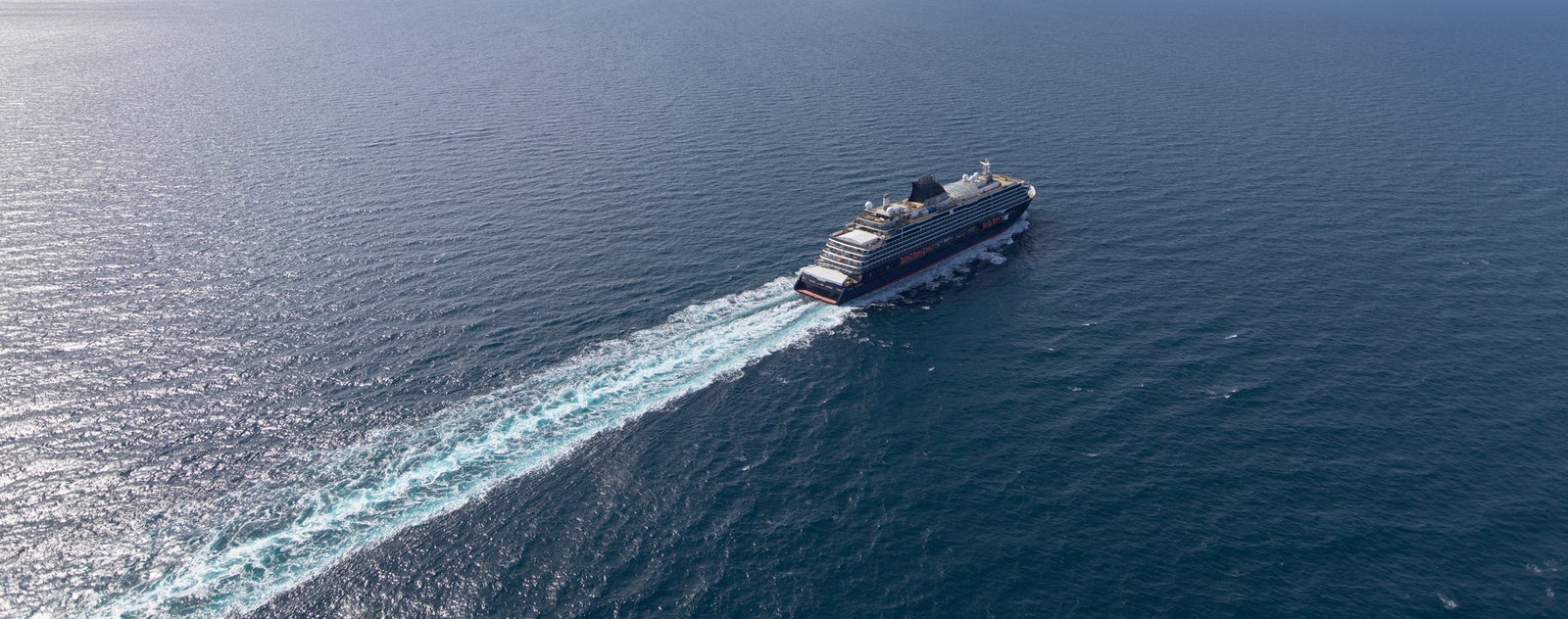 Fincantieri | Group - Sustainability - Industrial Excellence - Products: Large operational cruise ship sailing on the open ocean, clearly visible white wake, calm blue waters and clear sky; ship structure and design highlighted, with emphasis on scale and purpose.