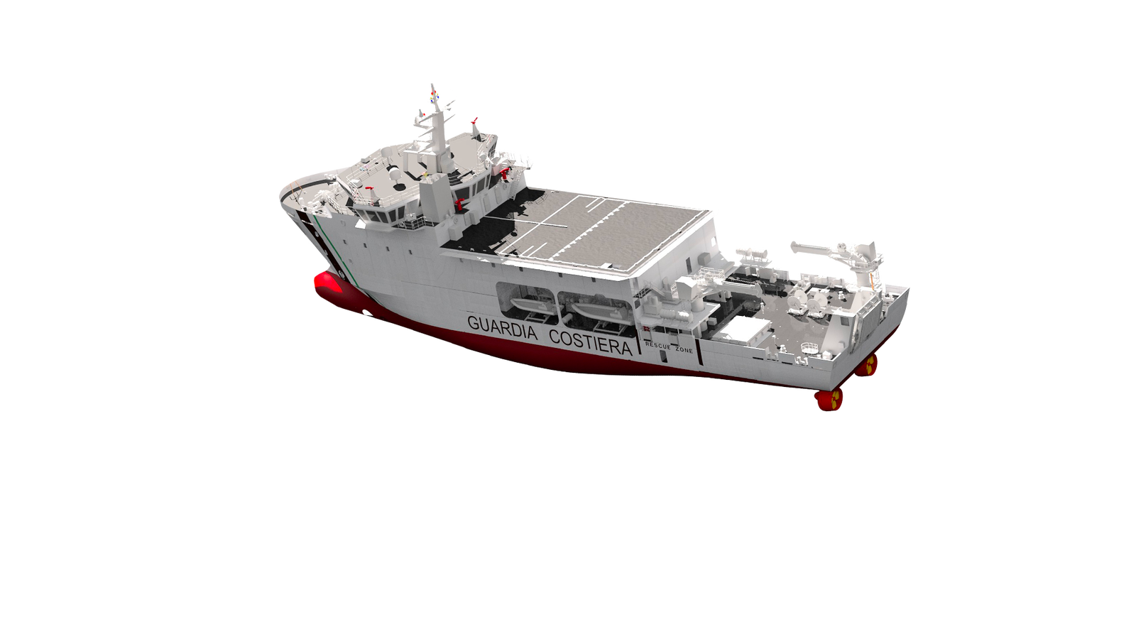 Fincantieri | Group - Products - Defence Vessels - Patrol Vessels - UAM: Side view of Guardia Costiera vessel, white and red hull, large deck and specialized equipment for maritime operations, "Guardia Costiera" text clearly visible, neutral background.