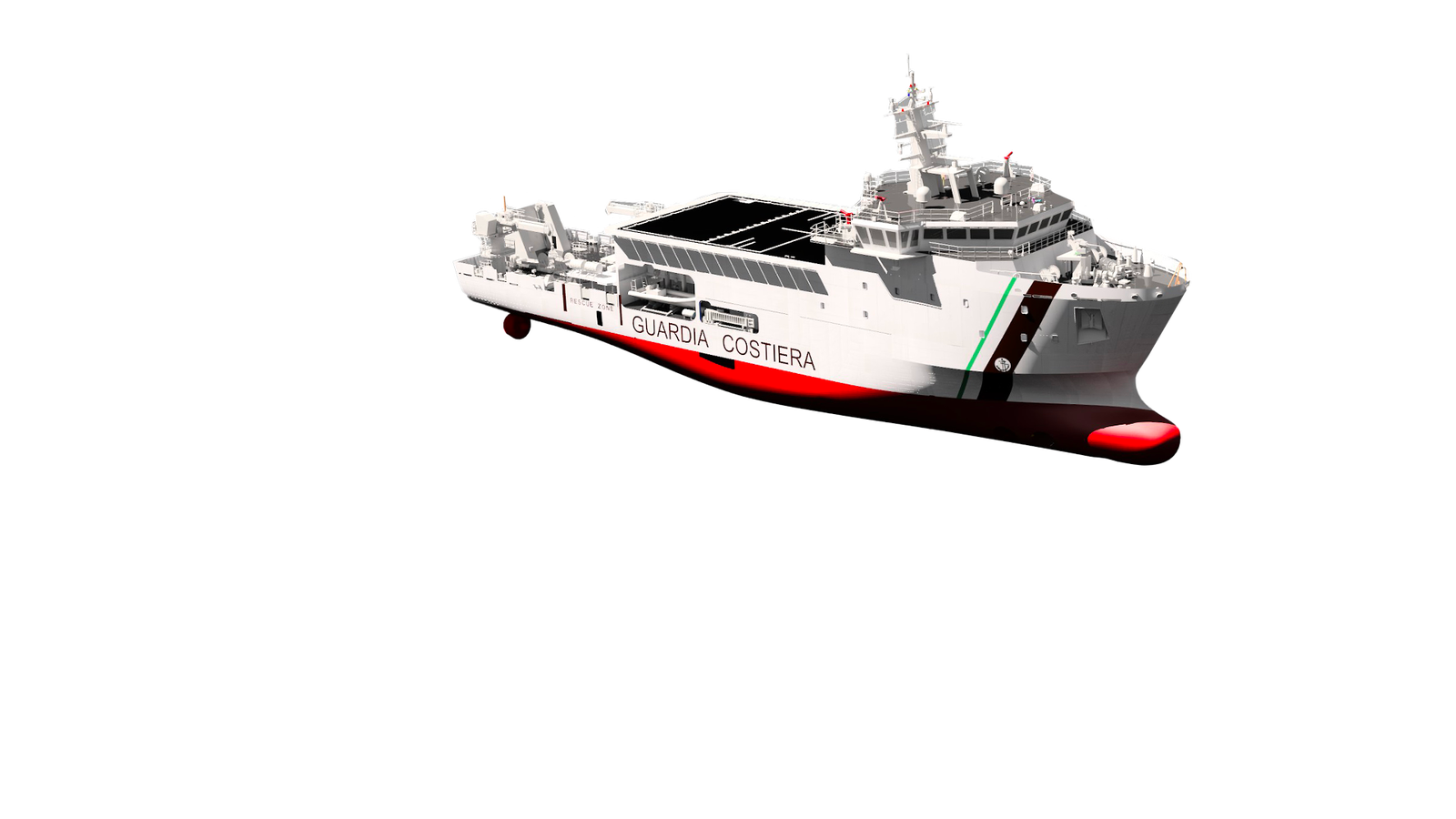 Fincantieri | Group - Products - Defence Vessels - Patrol Vessels - UAM: Side view of vessel with white hull and red details, modern design, equipped for maritime operations, "Guardia Costiera" text clearly visible.