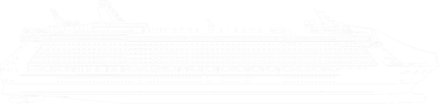 Fincantieri | Group - Innovation - Naval Ecosystem of the Future: Precise white outline of a cruise ship on a black background, structural details of decks, lifeboats, and funnels, design emphasizing technical accuracy and advanced naval engineering.