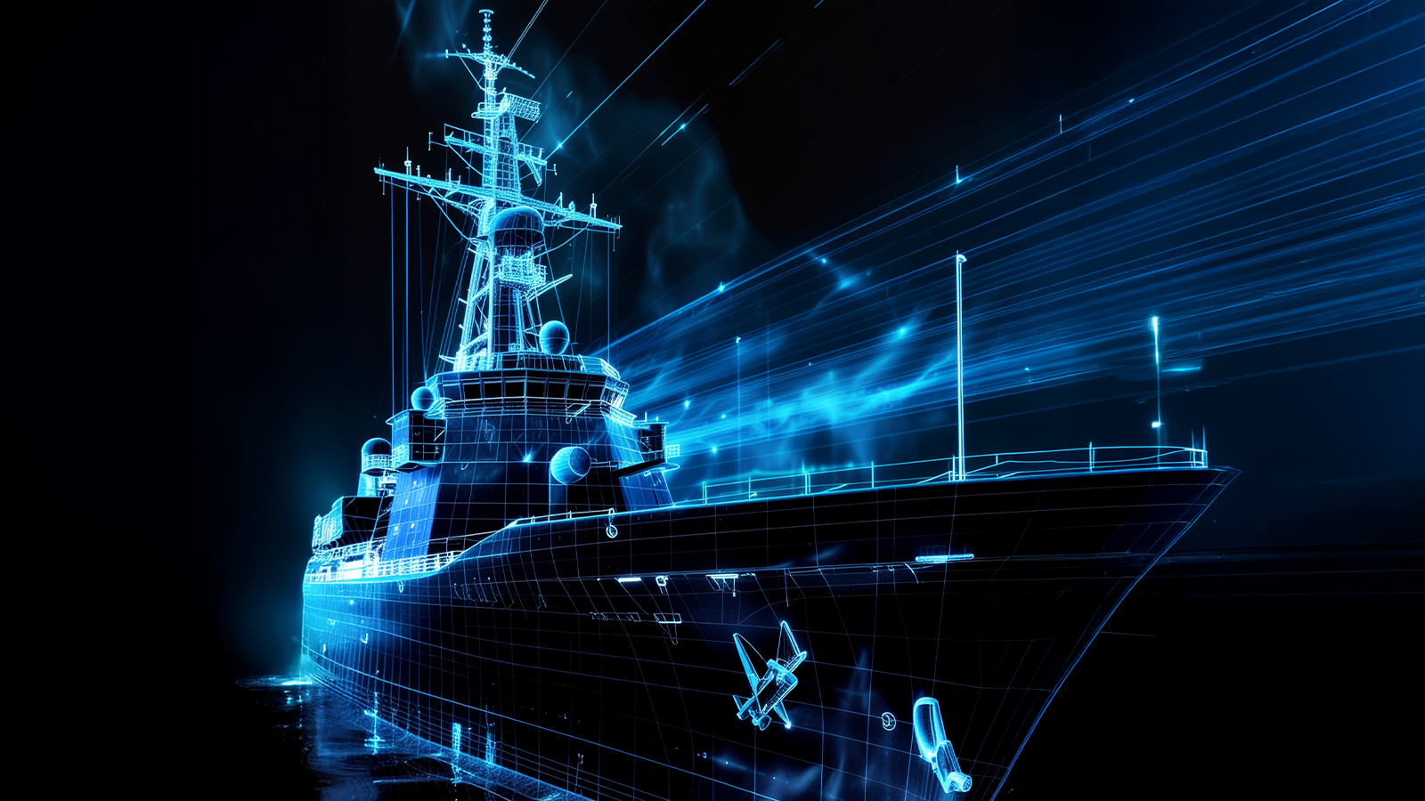 newsroom - press releases - 2026 - fincantieri group: contracts signed with the italian navy for the cyber resilience of modern naval units: rendering digitale di una nave militare con elementi grafici blu a rappresentare la cybersicurezza e la tecnologia avanzata.