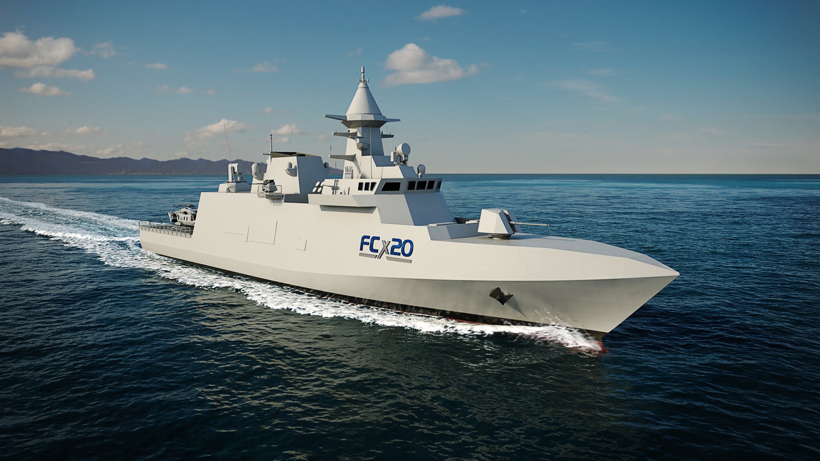 Fincantieri | Group - Business - Products - Defence Vessels - Corvettes - FCX20: Sleek, modern naval ship labeled "FC-220" in operation, navigating calm ocean waters, clear blue sky, advanced design elements including radar systems and streamlined hull, ship in motion.