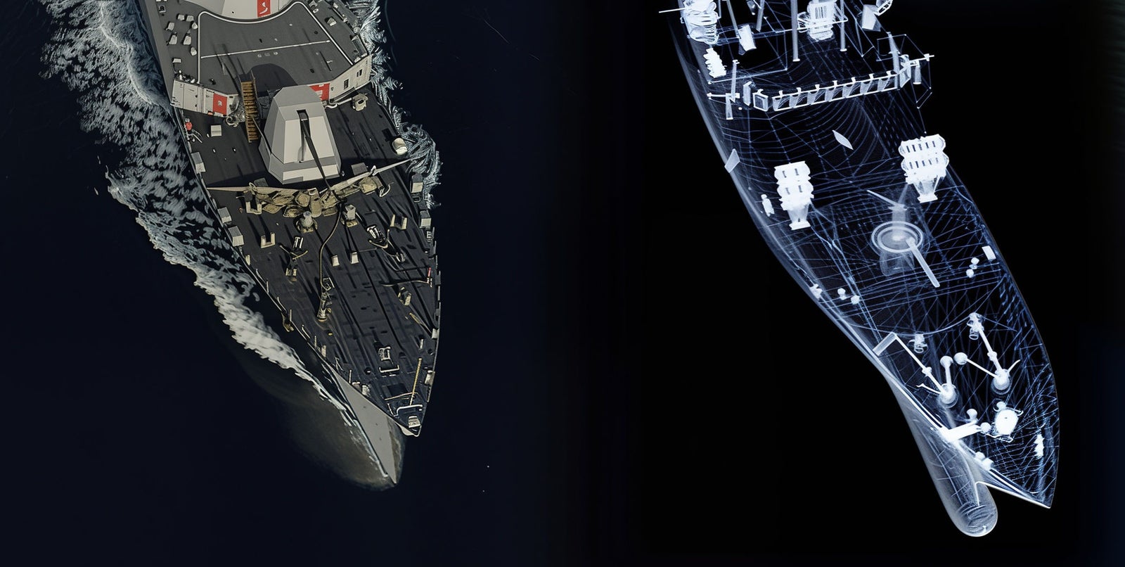 Fincantieri | Gruppo - Innovazione - Smart Manufacturing System - Process Digitalization: Aerial view of operational military ship sailing on dark waters, next to a digital blueprint of the ship with detailed structures and equipment, highlighting advanced engineering systems and components.