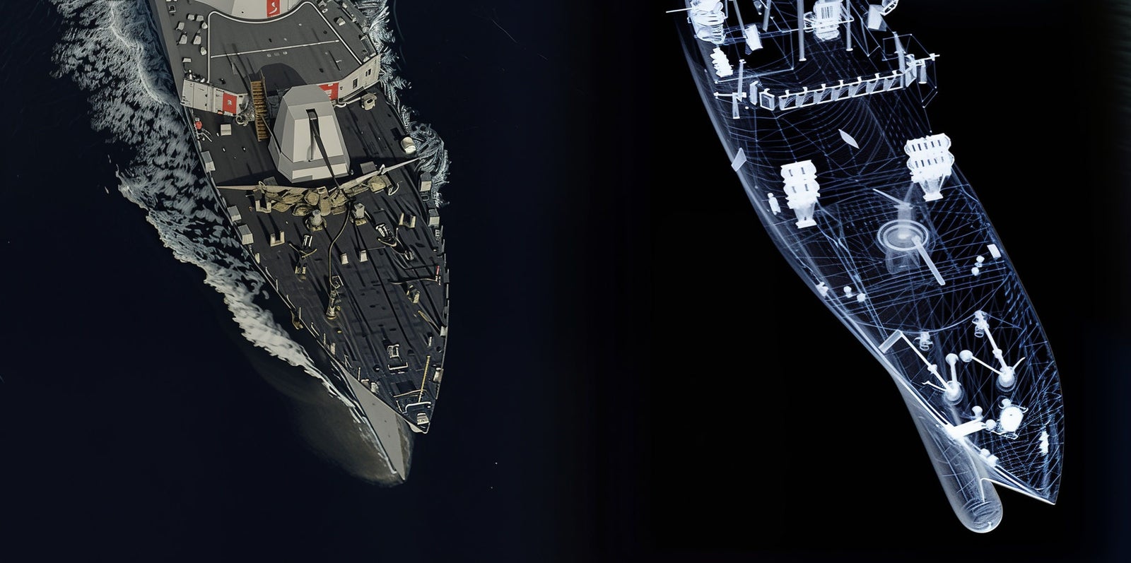 Fincantieri | Group - Innovation - Smart Manufacturing System - Process Digitalization: Aerial view of operational military ship sailing on dark waters, alongside a digital blueprint of the ship with detailed structures and equipment, highlighting internal systems and components for advanced engineering.Fincantieri | Gruppo - Innovazione - Smart Manufacturing System - Process Digitalization: Aerial view of operational military ship sailing on dark waters, next to a digital blueprint of the ship with detailed structures and equipment, highlighting advanced engineering systems and components.