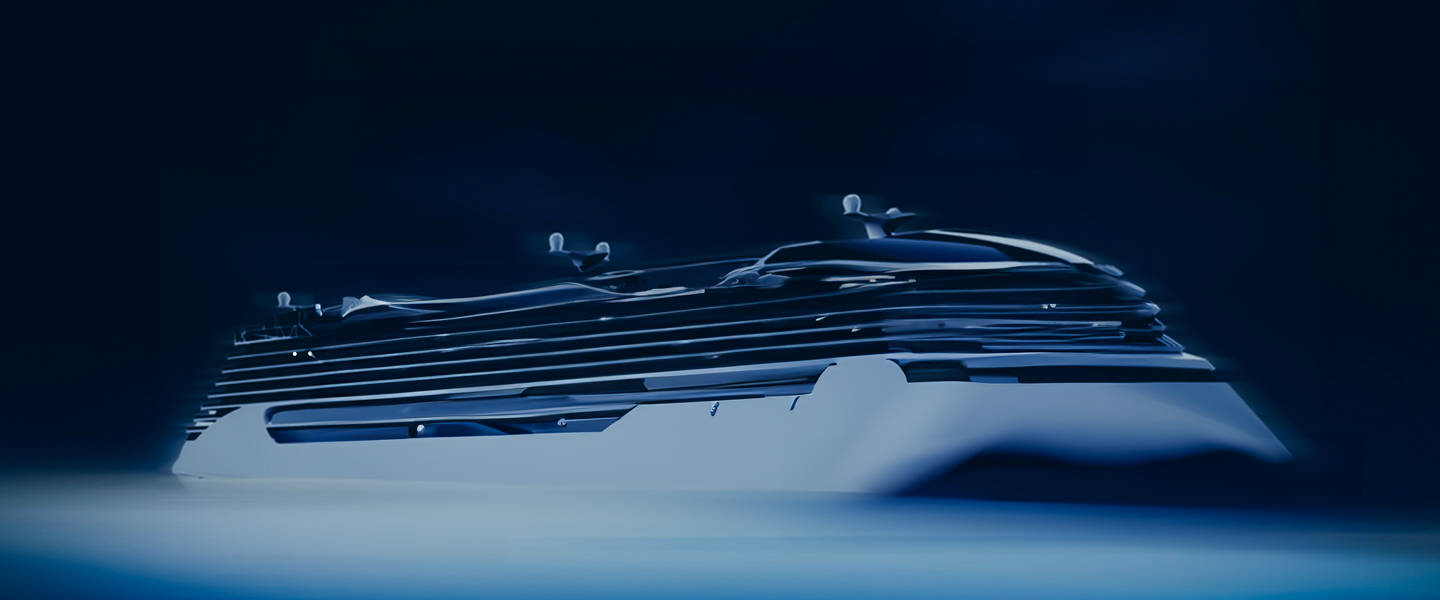 Fincantieri | Group - Business - Products - Telecommunications - Cruise ship design: Sleek modern cruise ship, minimalist depiction floating on calm dark blue waters; streamlined structure and futuristic aesthetic, vessel illuminated against deep blue background.