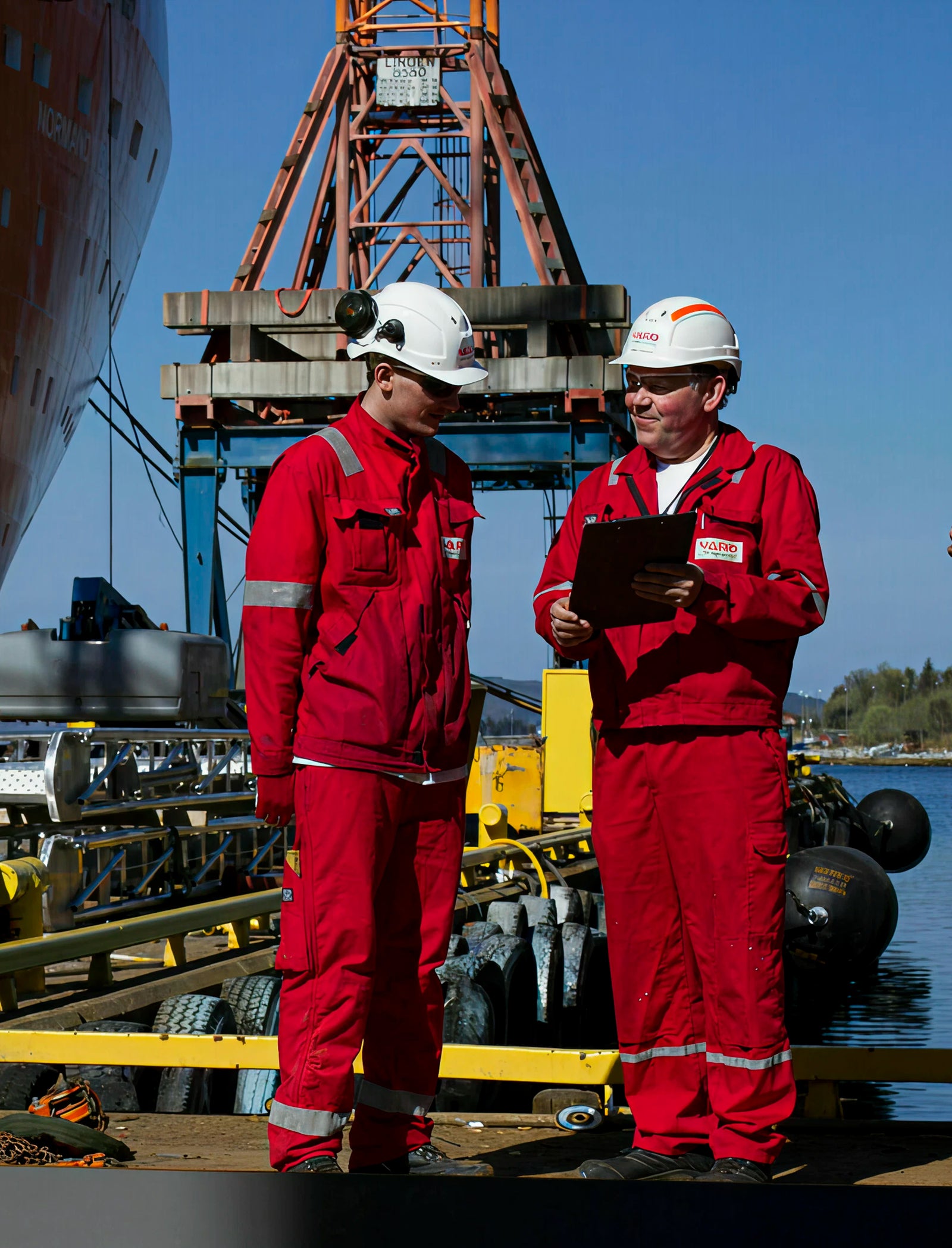 Fincantieri | Group - Subsidiaries and Affiliates - Vard Design: Two workers in red uniforms and white safety helmets stand in a shipyard, one holding a clipboard indicating discussion or inspection; background features large ship, industrial equipment, and clear blue sky, outdoor maritime setting.