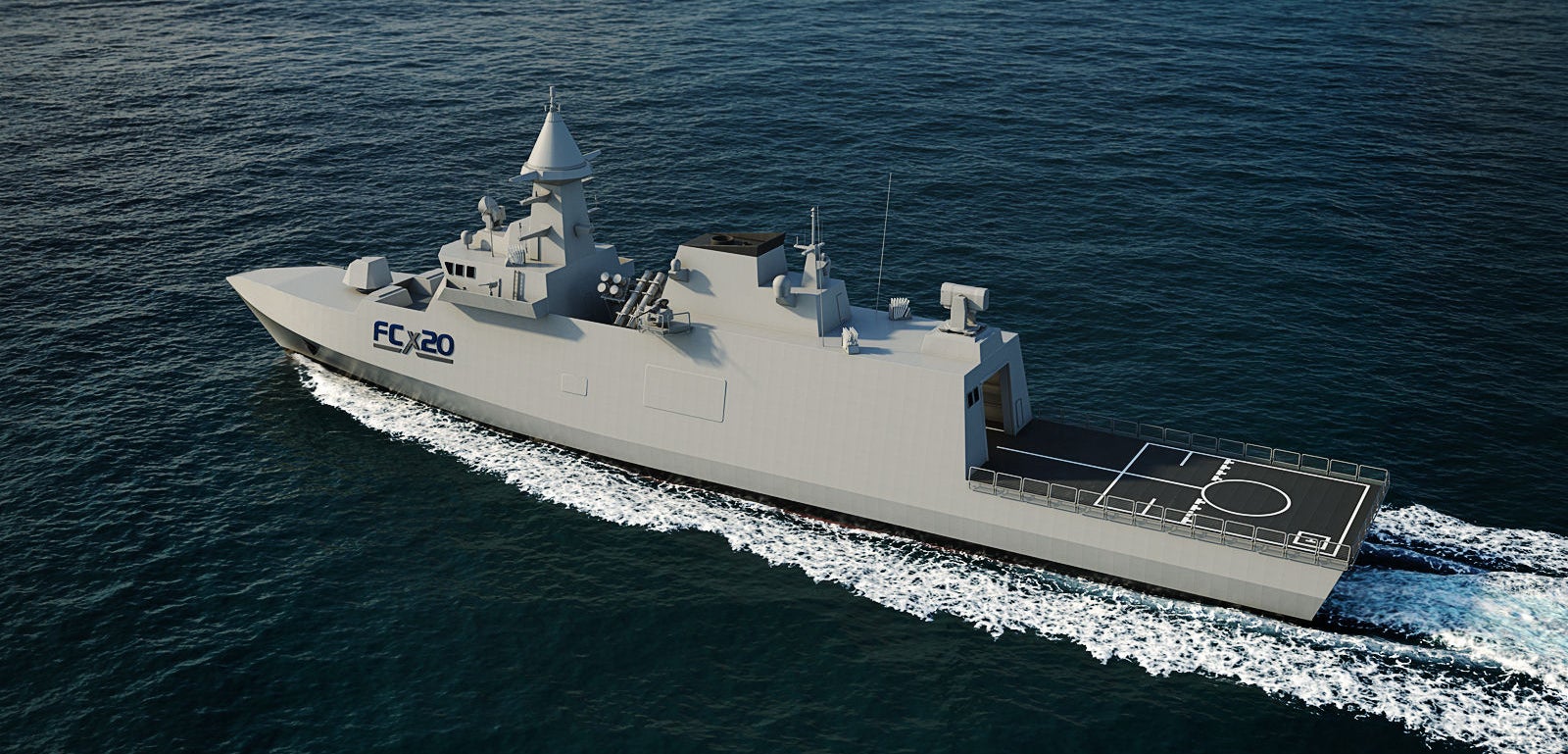 Fincantieri | Group - Business - Products - Defence Vessels - Corvettes - FCX20: Sleek, modern naval ship labeled "FC-20" in operation, navigating calm ocean waters, helipad visible on deck, serene maritime environment, clear sky.