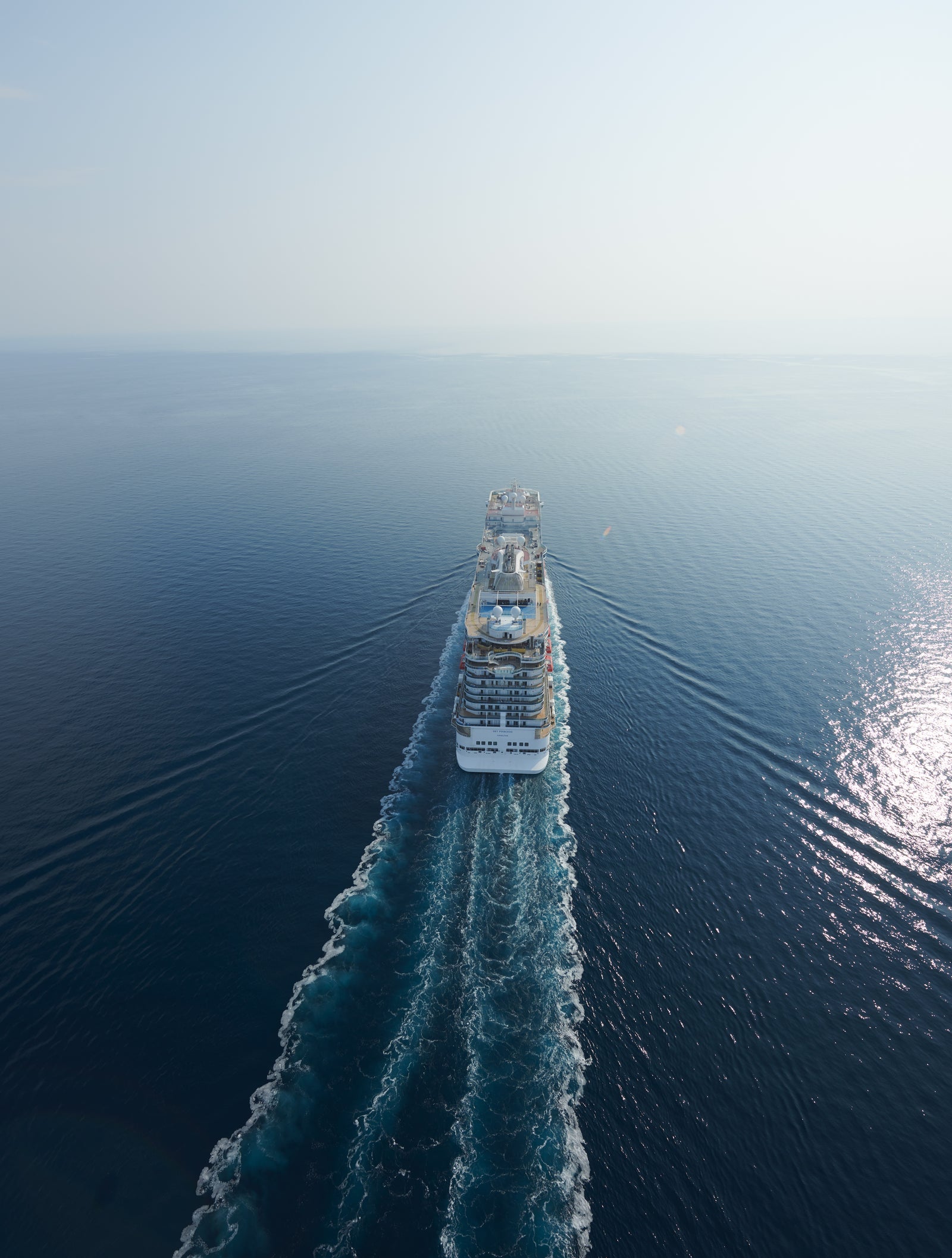Fincantieri | Gruppo - Business - Prodotti - Navi da Crociera - Sky Princess: Grande nave da crociera operativa che naviga su acque calme e aperte sotto cielo azzurro limpido, scia ben definita visibile, ambientazione oceanica serena che evidenzia movimento e tranquillità.