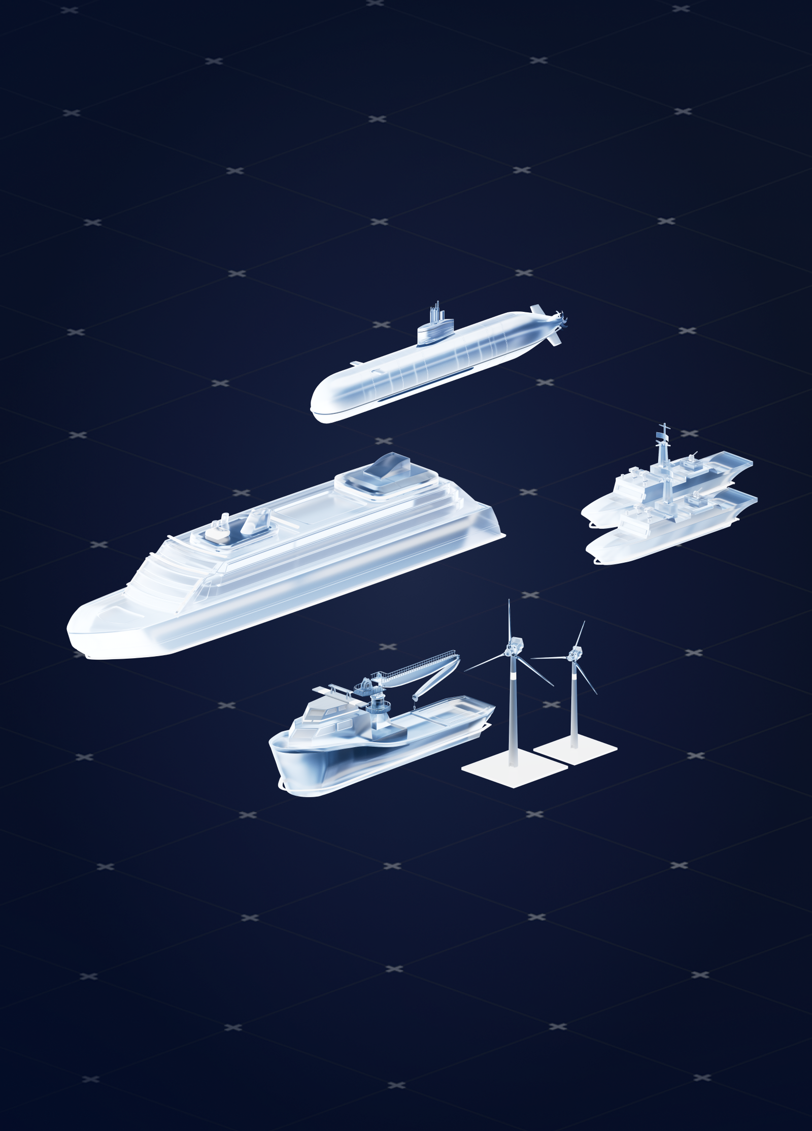 Fincantieri Group | About Us: Digital render of various futuristic marine vessels—cruise ship, submarine, cargo ship—on a dark grid background, with two wind turbines highlighting innovation in marine transport and sustainable technologies.