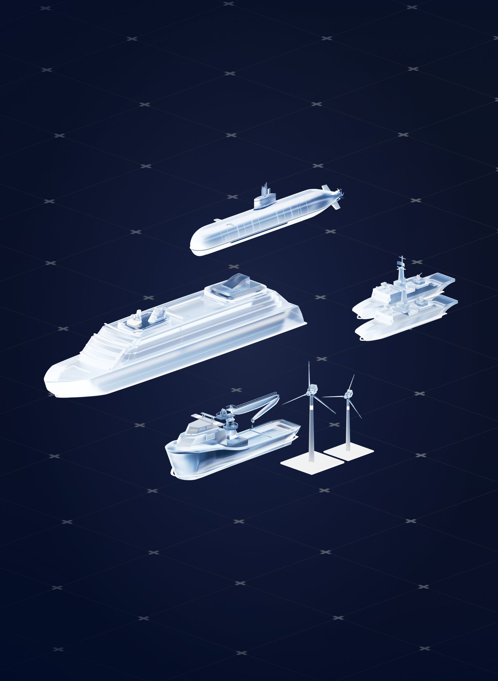 Gruppo Fincantieri | Chi siamo: Render digitale di diversi mezzi marittimi futuristici — nave da crociera, sommergibile, nave cargo — su sfondo a griglia scura, presenza di due turbine eoliche che evidenziano innovazione nel trasporto marino e tecnologie sostenibili.