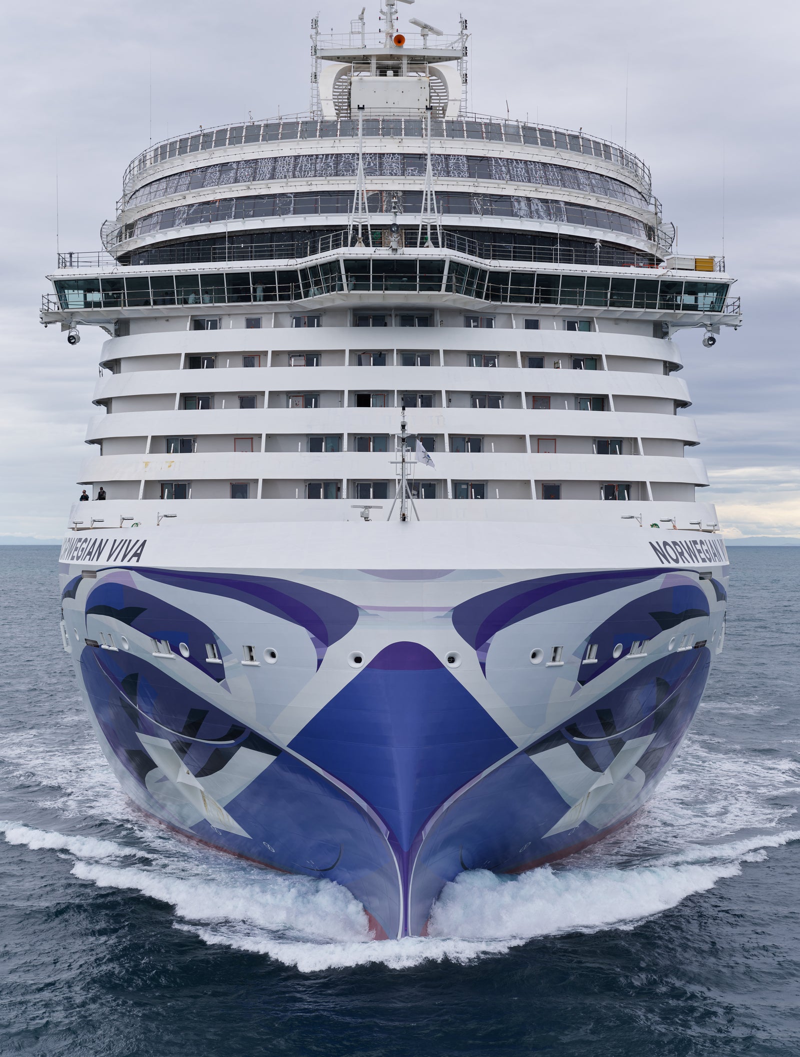 Fincantieri | Gruppo - Business - Prodotti - Navi da Crociera - Sky Princess: Grande nave da crociera operativa in navigazione su acque oceaniche calme sotto cielo coperto, scafo con design distintivo blu e bianco, testo 'Sky Princess' visibile sul fianco, scenario che enfatizza vastità del mare.
