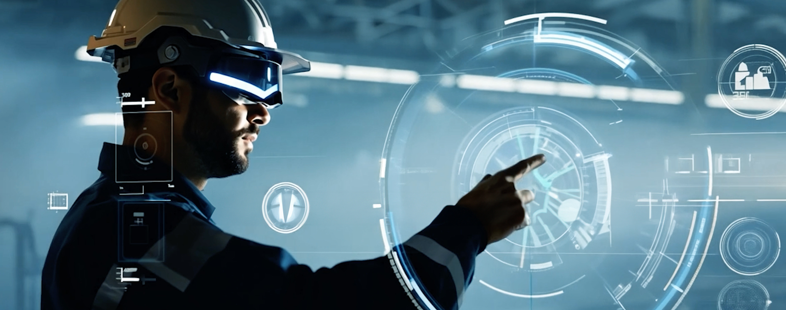 Fincantieri | About Us - Future on Board: Person wearing a safety helmet uses an advanced digital interface in an industrial environment, with holographic circular diagrams, icons, and data projections highlighting technological innovation in engineering or manufacturing.