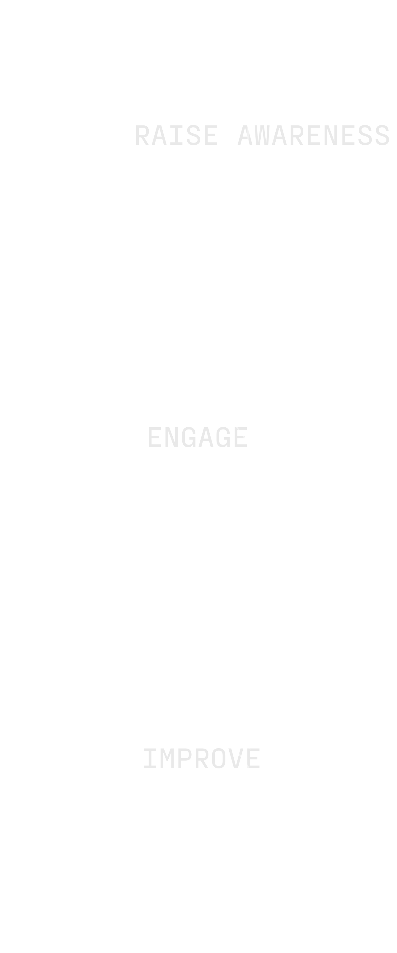 Fincantieri | People - Workplace Safety: Three octagonal elements on a black background with white borders, texts “RAISE AWARENESS,” “ENGAGE,” “IMPROVE,” and minor descriptive phrases, modern, symmetrical, and linear design.