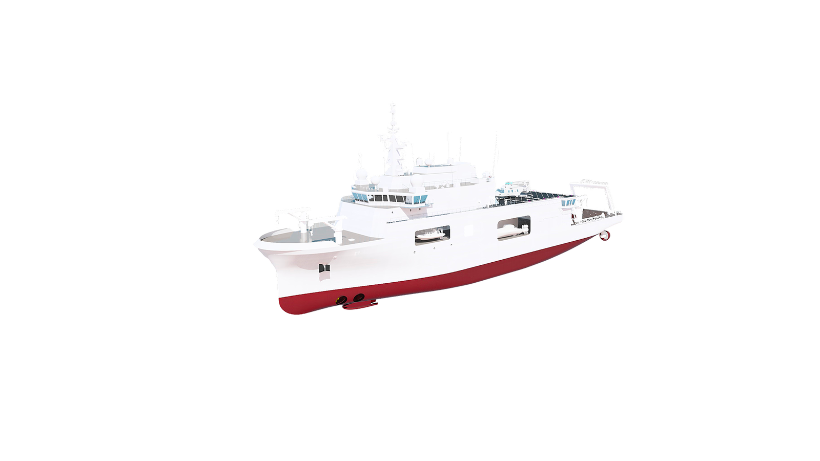 Fincantieri | Group - Business - Products - Specialised Units - Elettra ship: Side view of operational ship underway, gray hull, number A 5340 clearly visible, prominent wake, rocky coast in background.