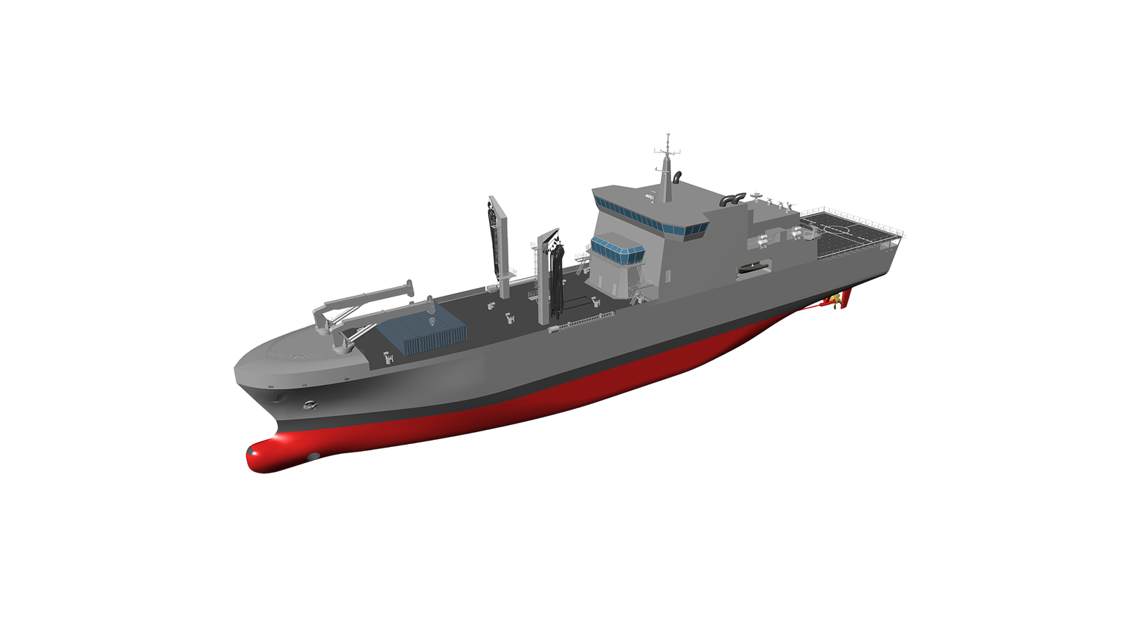 Fincantieri | Gruppo - Business - Prodotti - Navi Logistiche e di Rifornimento - LSS 130: Vista laterale della nave moderna con scafo grigio e carena rossa, radar, antenne e armamenti avanzati visibili, struttura evidenziata su sfondo neutro.