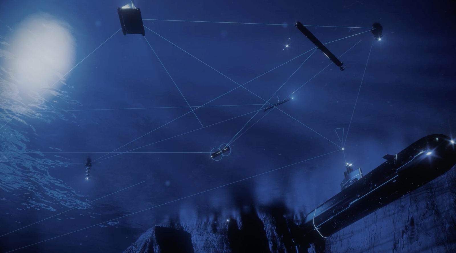 Fincantieri | Group - Companies - Subsidiaries and Affiliates - WASS Submarine Systems: Interconnected underwater network with devices linked by glowing lines, submarine on the right near a submarine cliff; dark and mysterious atmosphere, blue palette, light source from above, focus on advanced technology in a marine context.