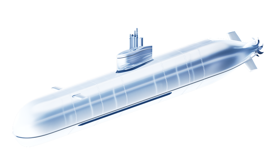 Fincantieri | Innovazione: L’immagine mostra un’illustrazione stilizzata di un sottomarino con la scritta “UNDERWATER” in alto. Lo sfondo è blu scuro con un motivo a griglia.