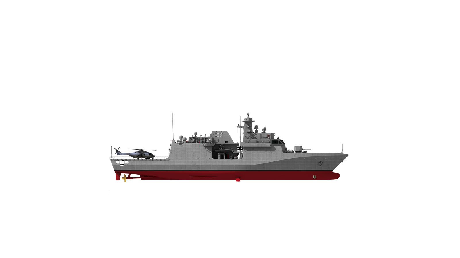 Fincantieri | Group - Business - Products - Defence Vessels - Patrol Vessels - PPX: Side view of operational ship, gray hull with red bottom, advanced equipment and helicopter on deck, modern and functional design.
