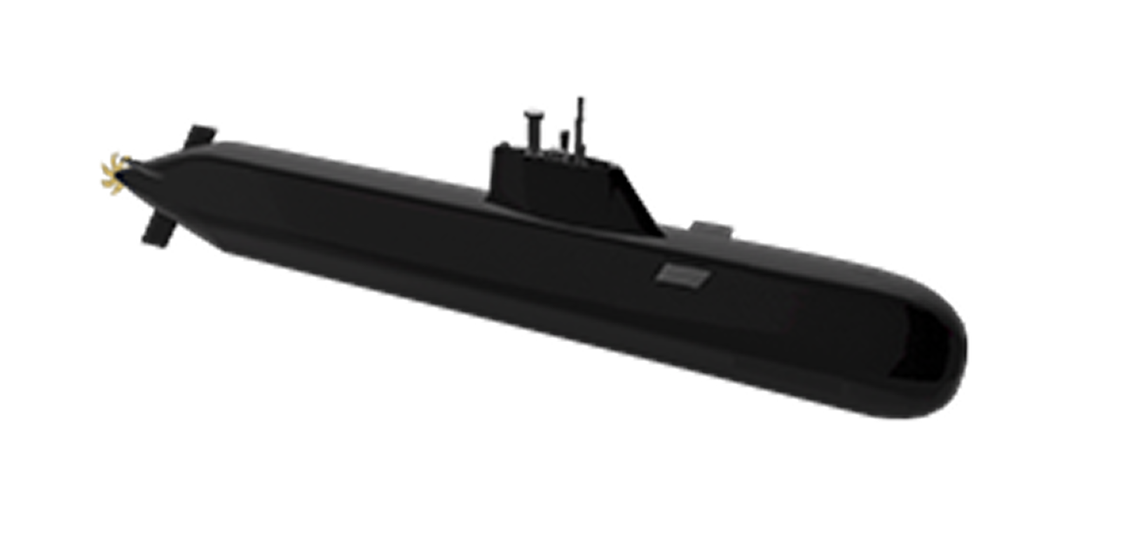 Fincantieri | Gruppo - Business - Prodotti - Sommergibili - Classe Todaro - S800A: Vista dall'alto del modello sommergibile nero su sfondo bianco, corpo slanciato, dettagli di periscopio e pinna visibili, design minimalista e moderno.