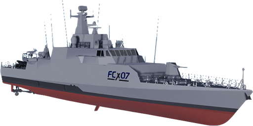 Prodotti - Navi per la Difesa Fincantieri - FCX07: Vista laterale dell' unità veloce d'attacco nave militare moderna con scritta FCX07 ben visibile, radar, antenne e armamenti avanzati, scafo grigio con carena rossa, design per impiego difensivo.