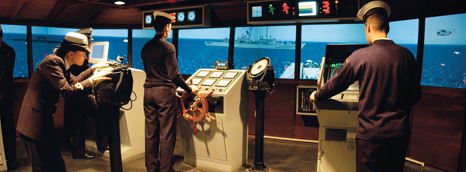 Fincantieri | Business Services - After-Sales Services - Training & Support: A group of naval officers operates a maritime simulation system in a control room setting. The environment features multiple screens displaying ocean visuals and ship controls, including steering wheels and monitoring equipment. The officers are dressed in formal uniforms, and the scene conveys a professional and focused atmosphere.