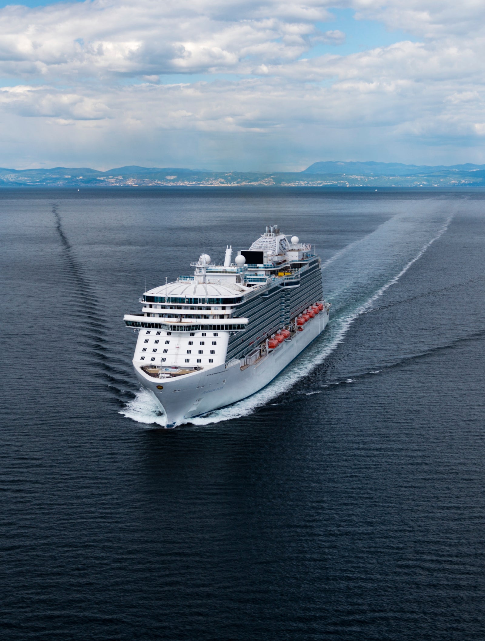 Fincantieri | Group - Business - Products - Cruise Ships - Regal Princess: Large modern operational cruise ship sailing on calm open waters under partly cloudy sky, multiple decks and visible lifeboats along sides.