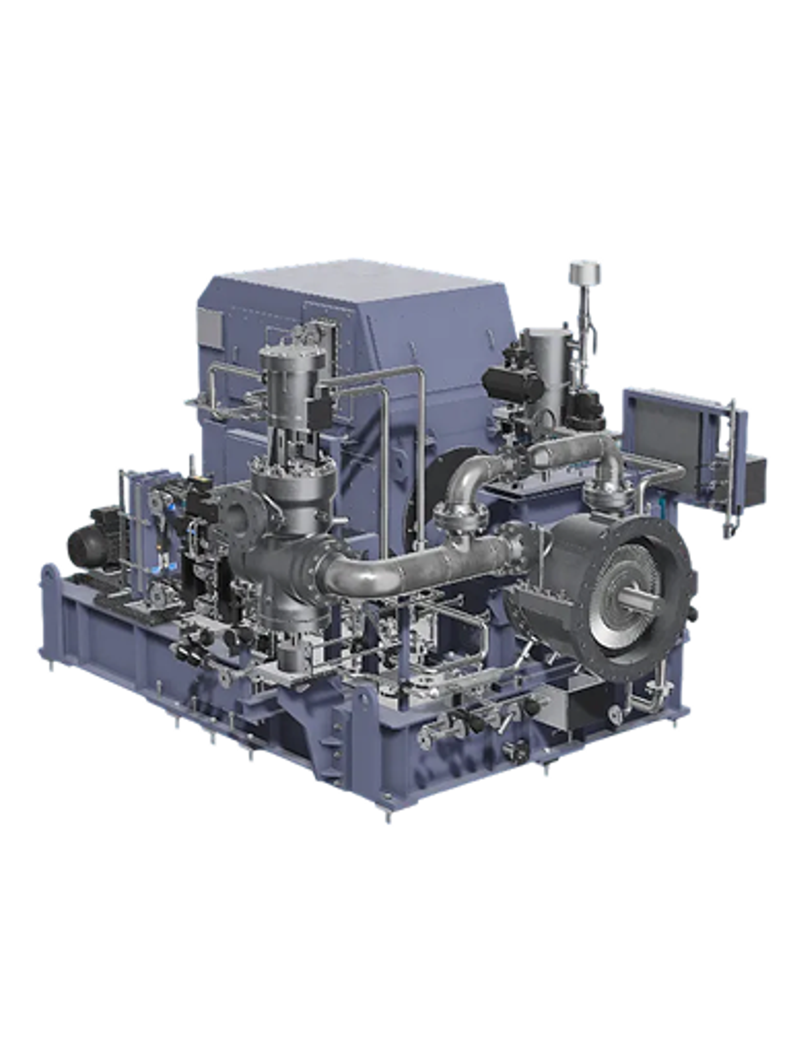  Fincantieri | Group - Business - Products - Equipment, Systems and Infrastructures - Steam turbines: 3D rendering of complex industrial machine with pipes, valves, and large casing, predominantly blue-gray, presented against dark blue background.