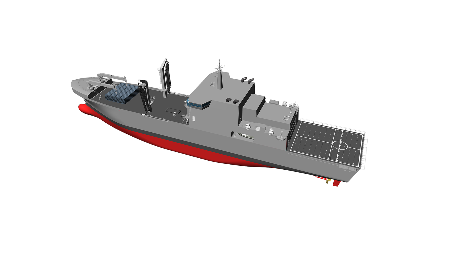  Fincantieri | Gruppo - Business - Prodotti - Navi Logistiche e di Rifornimento - LSS 130: Vista laterale della nave da guerra moderna, radar e armamenti avanzati, scafo grigio con carena rossa, antenne ed equipaggiamenti sul ponte, design funzionale e preciso.