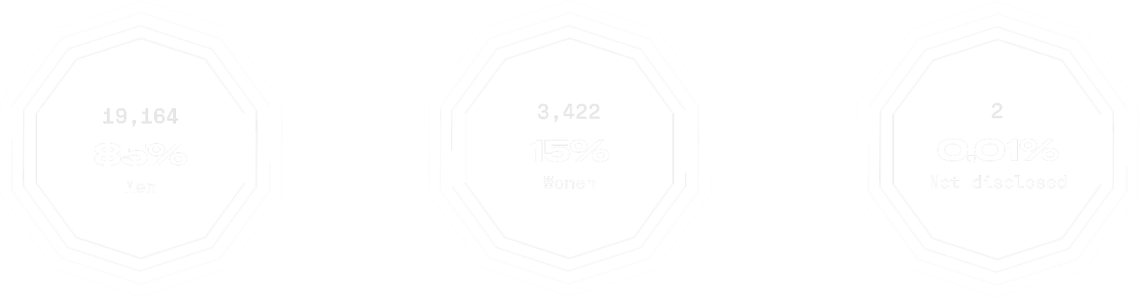 Fincantieri | Group - Sustainability - People and Community - Our People: Percentage distribution of personnel: 19,164 men (85%), 3,422 women (15%), 2 people (0.01%) without gender indication.