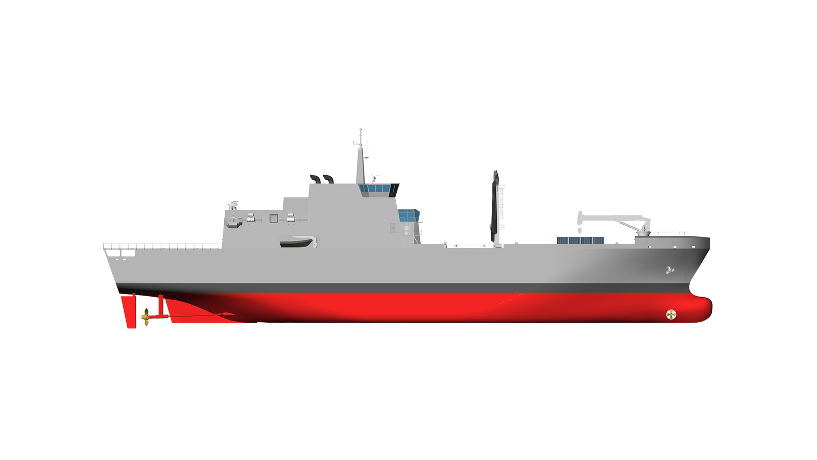  Fincantieri | Gruppo - Business - Prodotti - Navi Logistiche e di Rifornimento - LSS 130: Vista laterale della nave operativa, scafo grigio con carena rossa, attrezzature avanzate e elicottero sul ponte, design moderno e funzionale.