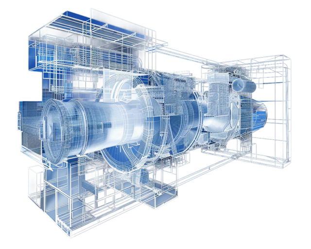 Fincantieri | Group - Innovation - Smart Manufacturing System - New Materials: 3D blueprint rendering of industrial machinery with detailed mechanical components and transparent structure highlighting internal mechanisms, cool blue palette, technological and futuristic mood.