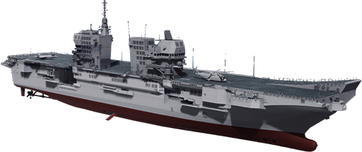 Prodotti - Navi per la Difesa Fincantieri - Portaerei: Vista laterale della portaerei moderna con doppie torri di comando e ponte piatto, scafo grigio e carena rossa, rendering neutro senza elementi di sfondo.