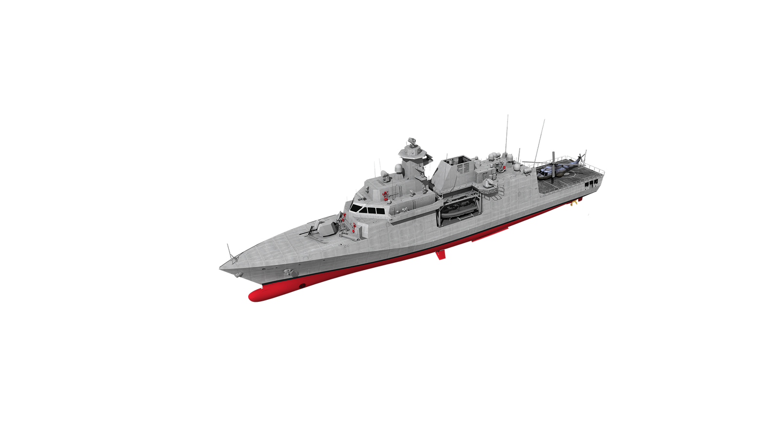  Fincantieri | Group - Business - Products - Defence Vessels - Patrol Vessels - PPX: Detailed side view of modern naval ship, helicopter on deck, sleek gray design with red hull, visible antennas and equipment, military maritime context, advanced technology and functionality.