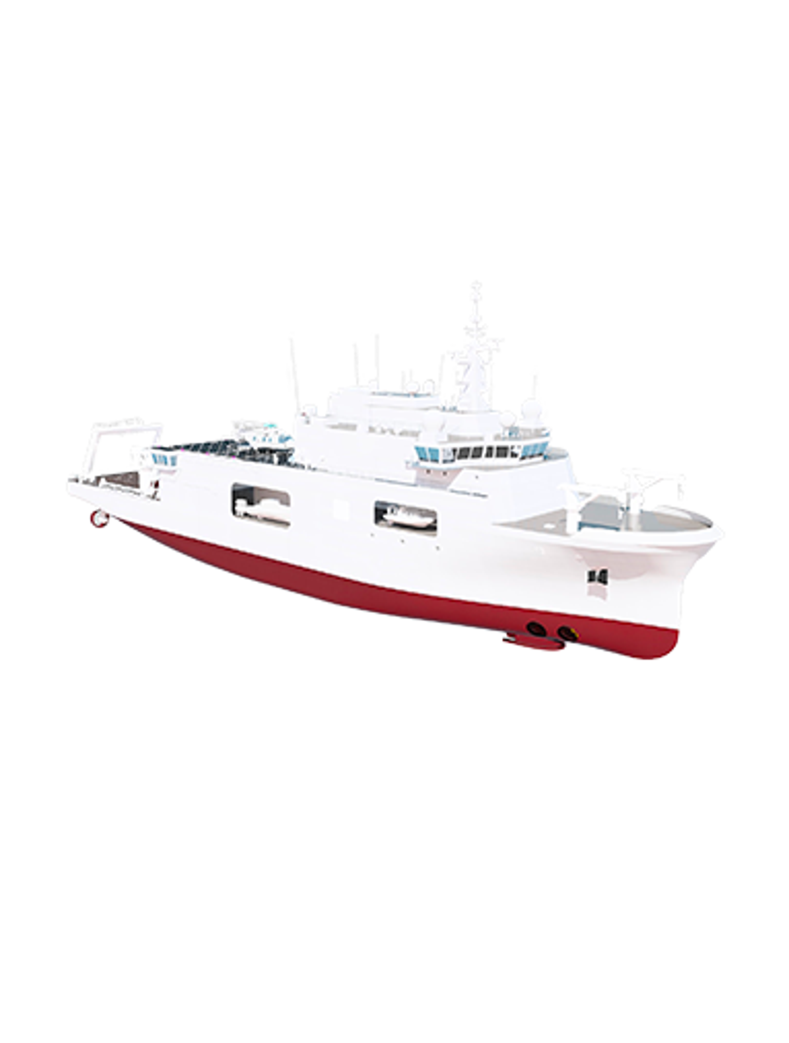 Fincantieri | Group - Business - Products - Specialised Units - Niom: White and red research vessel with detailed structural features, visible antennas, lifeboats, and deck equipment, shown against plain background, highlighting design and functionality.