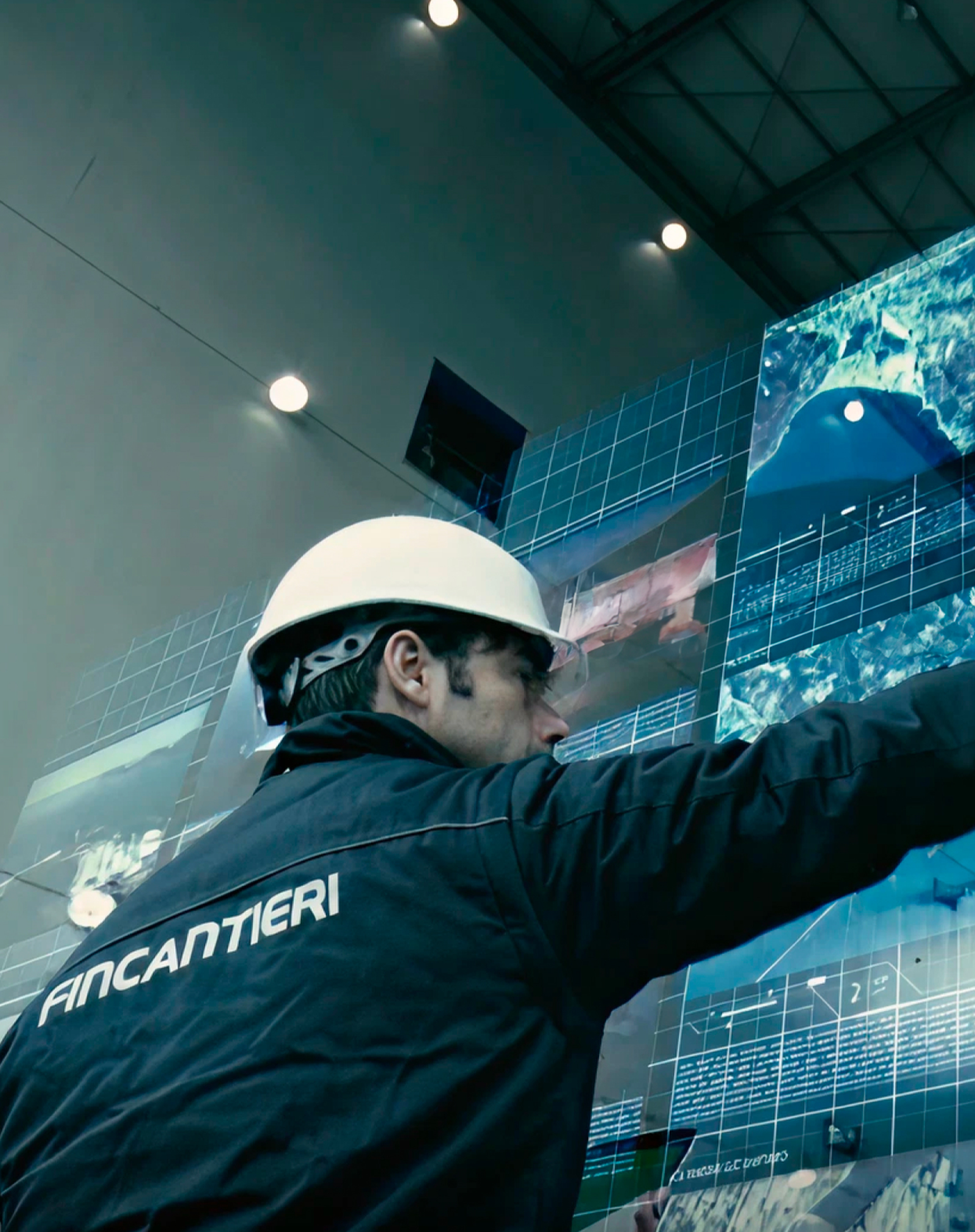 Fincantieri Group | About Us: Person wearing a white helmet and a Fincantieri jacket in an industrial environment, with large digital screens in the background displaying graphs and underwater images, set in an advanced technological context with modern lighting and structures.