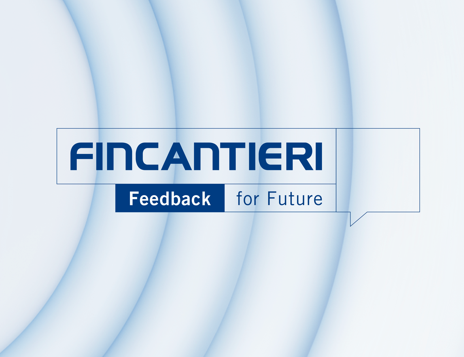 Fincantieri | People - Training and Development: Digital banner with Fincantieri logo and highlighted slogan “Feedback for Future,” circular wave patterns in light blue gradient, modern and professional design, clear and easily readable text.