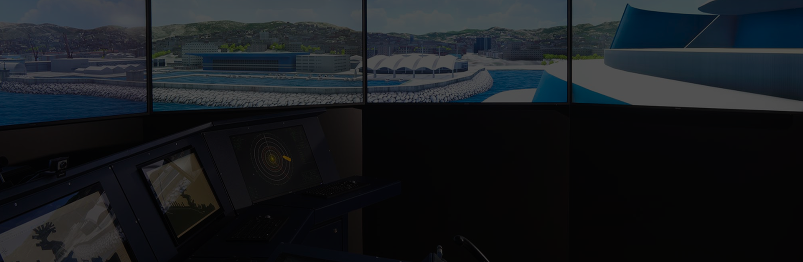 Fincantieri | People - Innovative Spirit: Modern maritime control room with multiple digital screens and navigation instruments, view of coastal area with buildings, water, and a docked ship through large windows, technological and professional environment.
